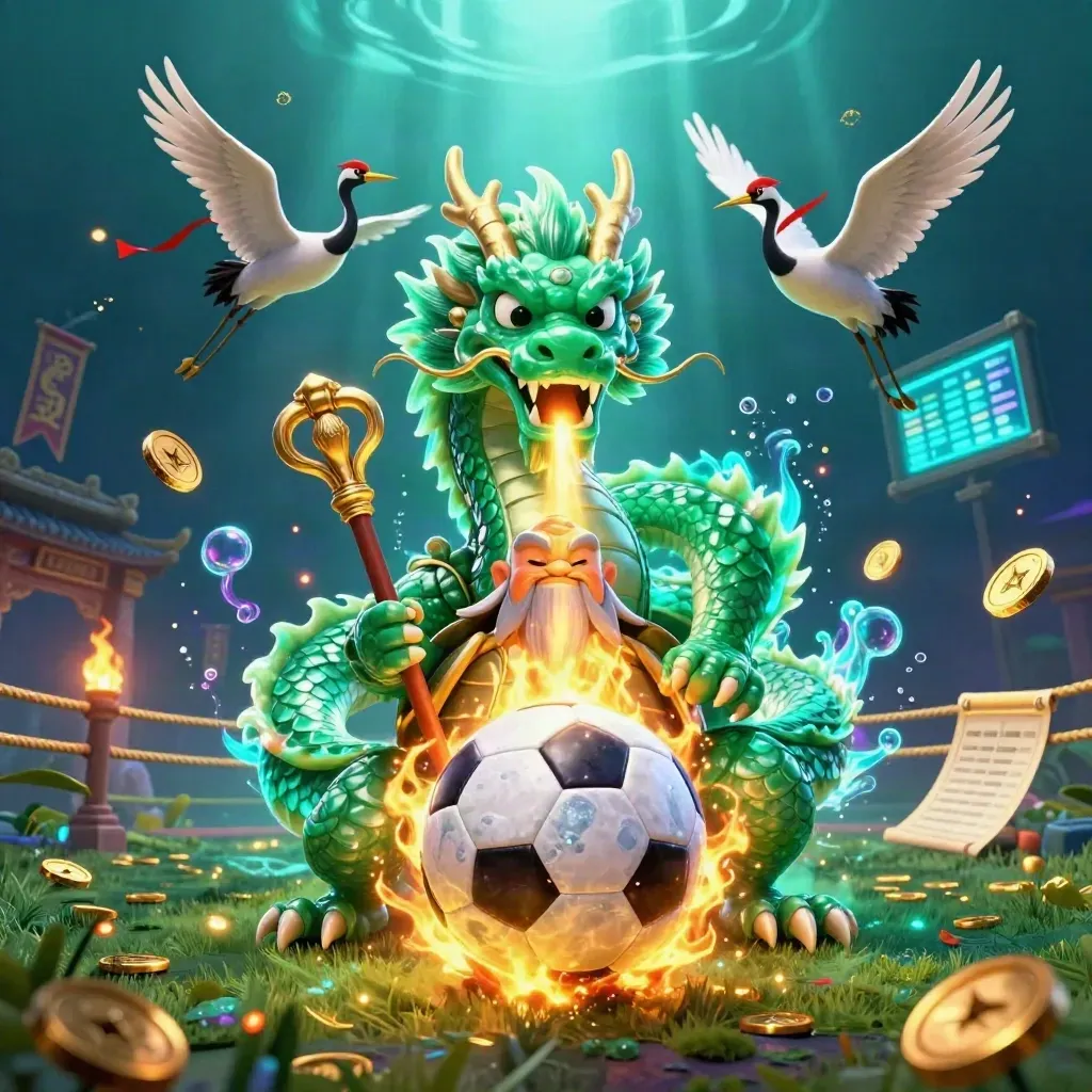 Jade dragon, turtle sage and cranes surge around a glowing soccer ball in neon casino art.