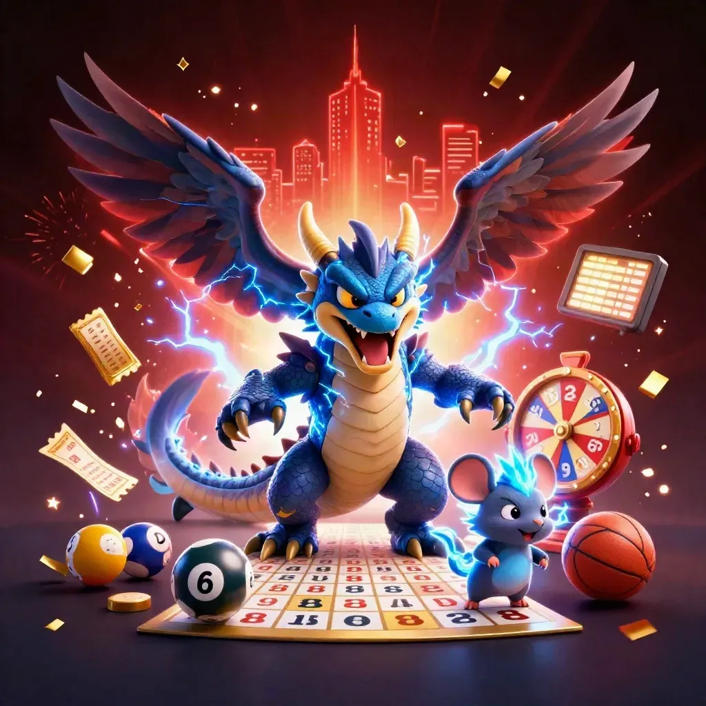 Thunder dragon, hawk, and static mouse amid casino game pieces and electric lightning.