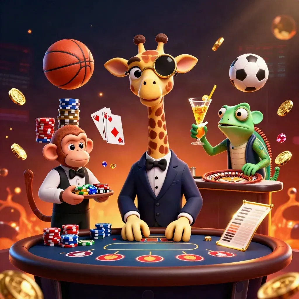 Giraffe, monkey and chameleon at a casino table with flying coins, chips and balls