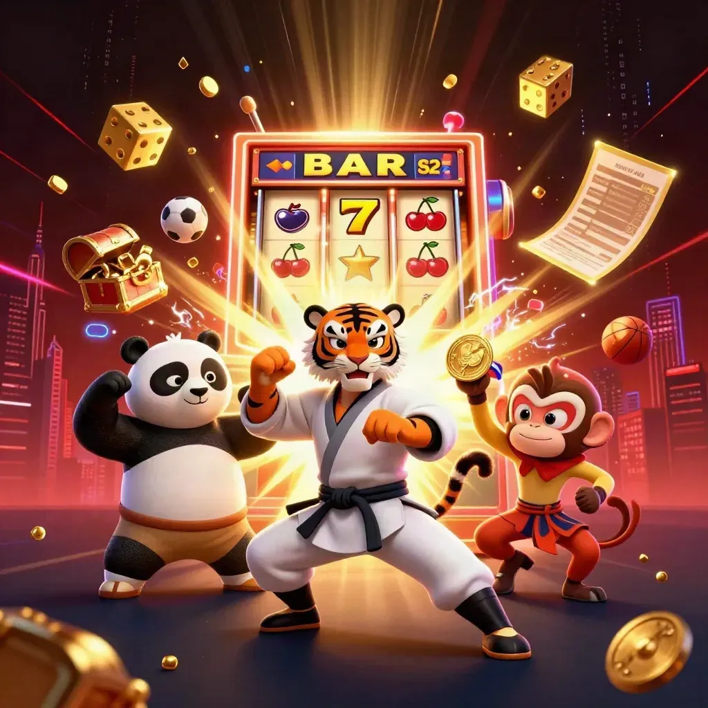 Kung-fu tiger, panda, and monkey amid exploding slot treasure and neon casino energy.
