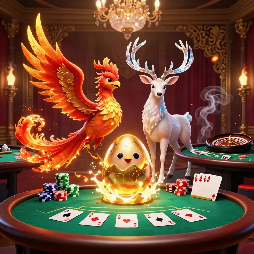 Fire phoenix, hatching baby phoenix, crystal stag in a luxe casino room with chips, cards, and chandeliers.