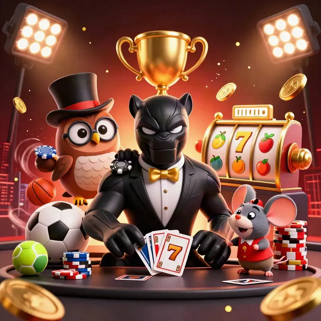 Panther, owl, and mouse amid coins, balls, reels, and glowing casino lights.