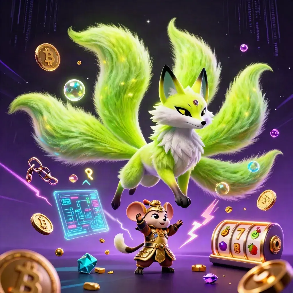 Neon fox spirit and armored mouse amid coins, reels, and lime energy in a dark cosmic casino