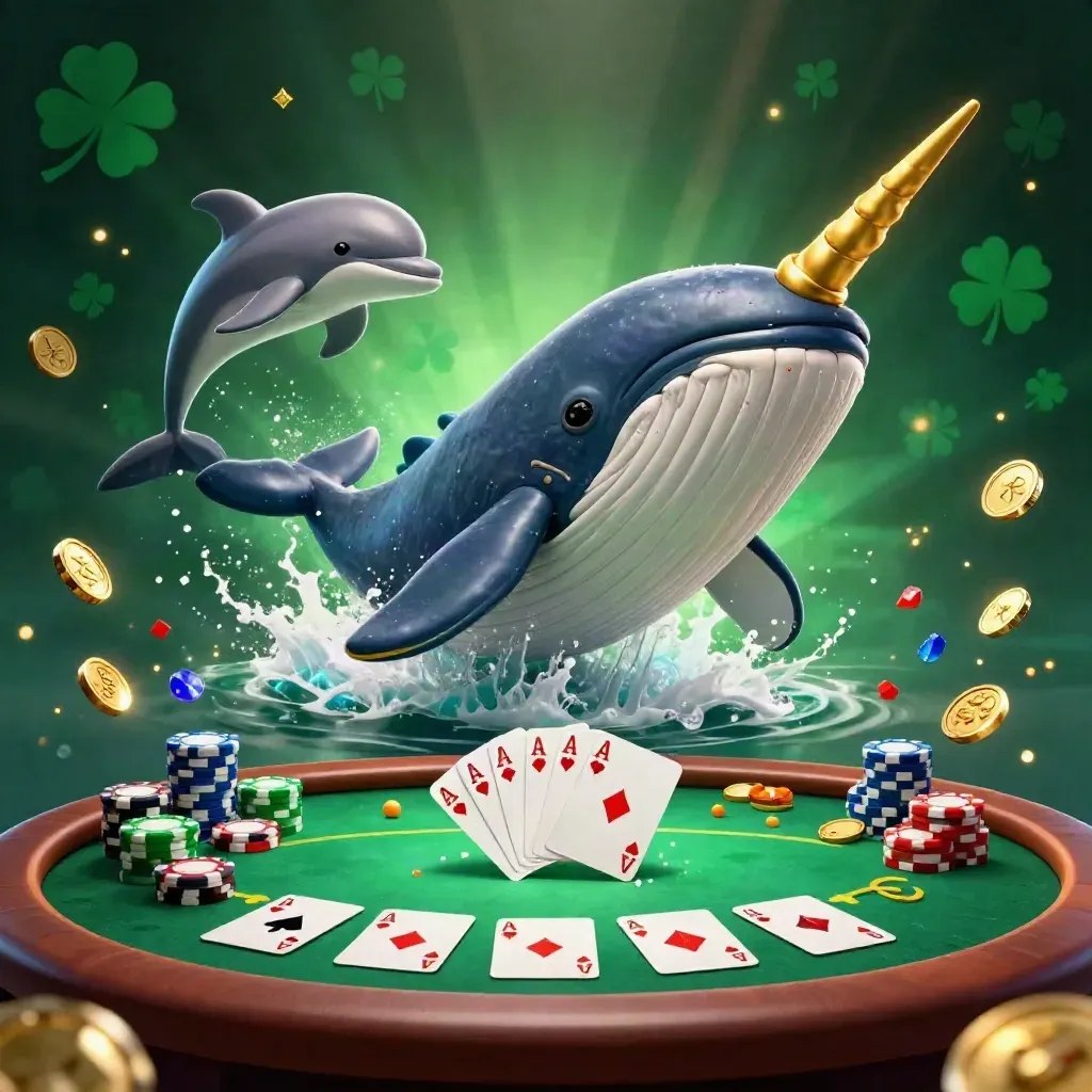Whale captain, narwhal and dolphins burst through coins around poker chips and cards.