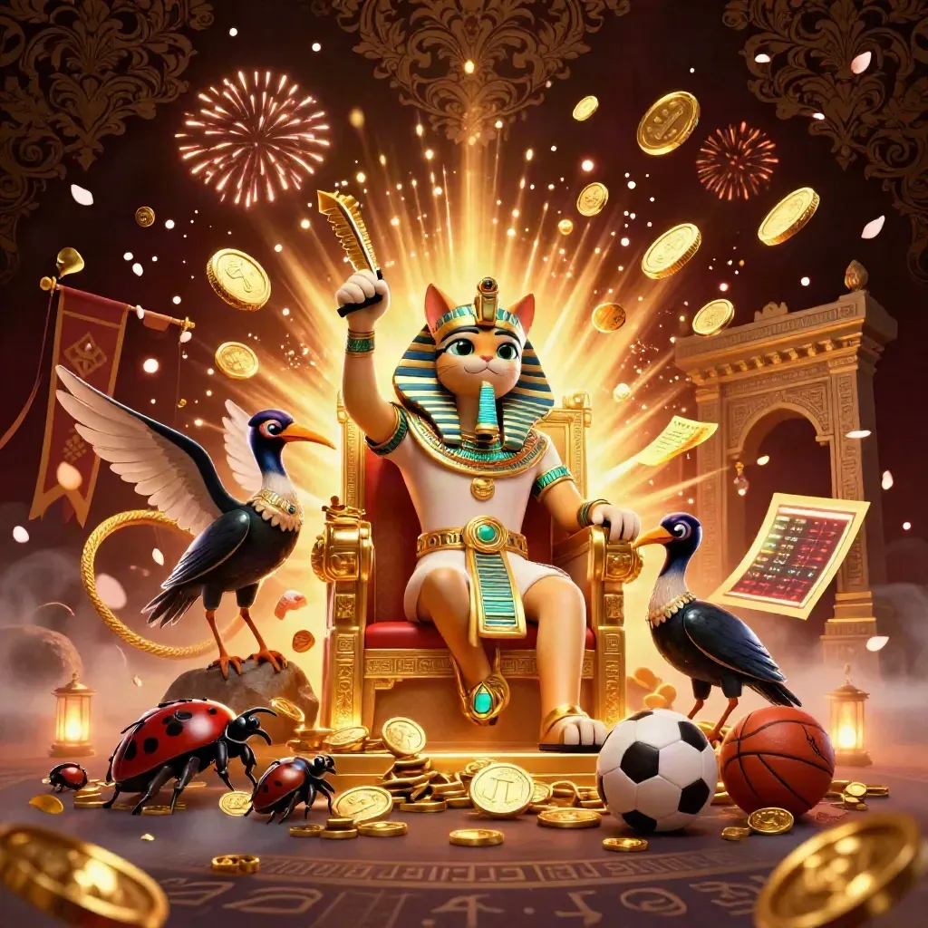 Pharaoh cat, ibis scribe and scarab beetles amid gold bursts, coins, temple and casino glow.