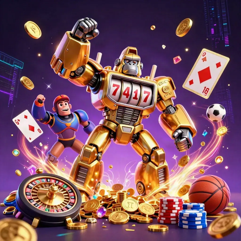 Golden mech gorilla blasts coins, gems, chips, and sports bets in neon casino chaos.