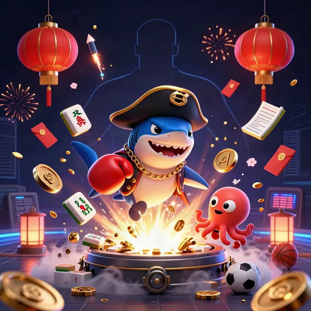 Pirate shark, boxing pufferfish, and coin-juggling octopus amid casino treasure and fireworks.