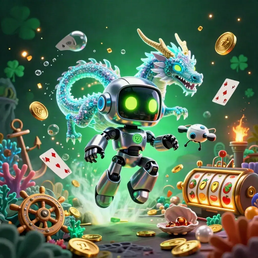 Chrome robot, holographic dragon, and drone in treasure cove with coins, coral, slots, and glow.