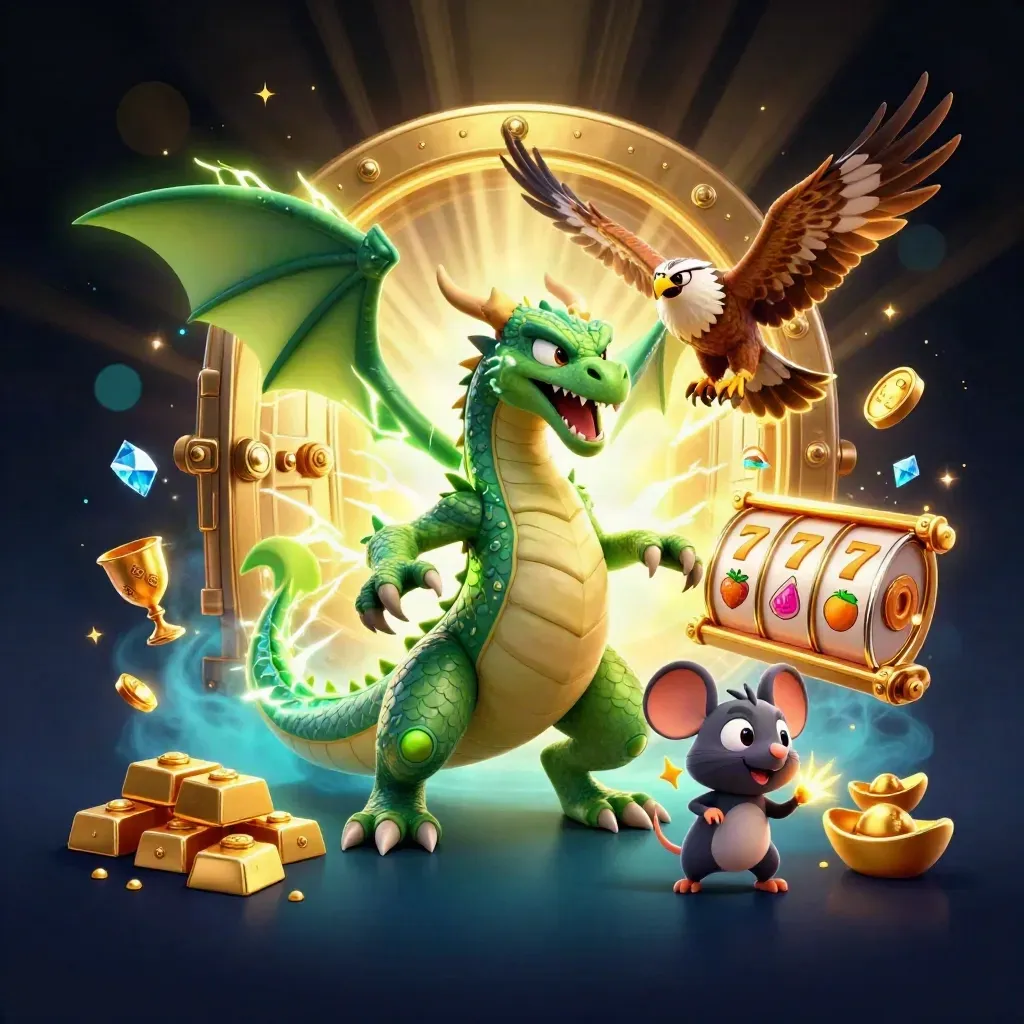 Thunder dragon, wind hawk, and static mouse burst from a gold vault amid slot symbols.