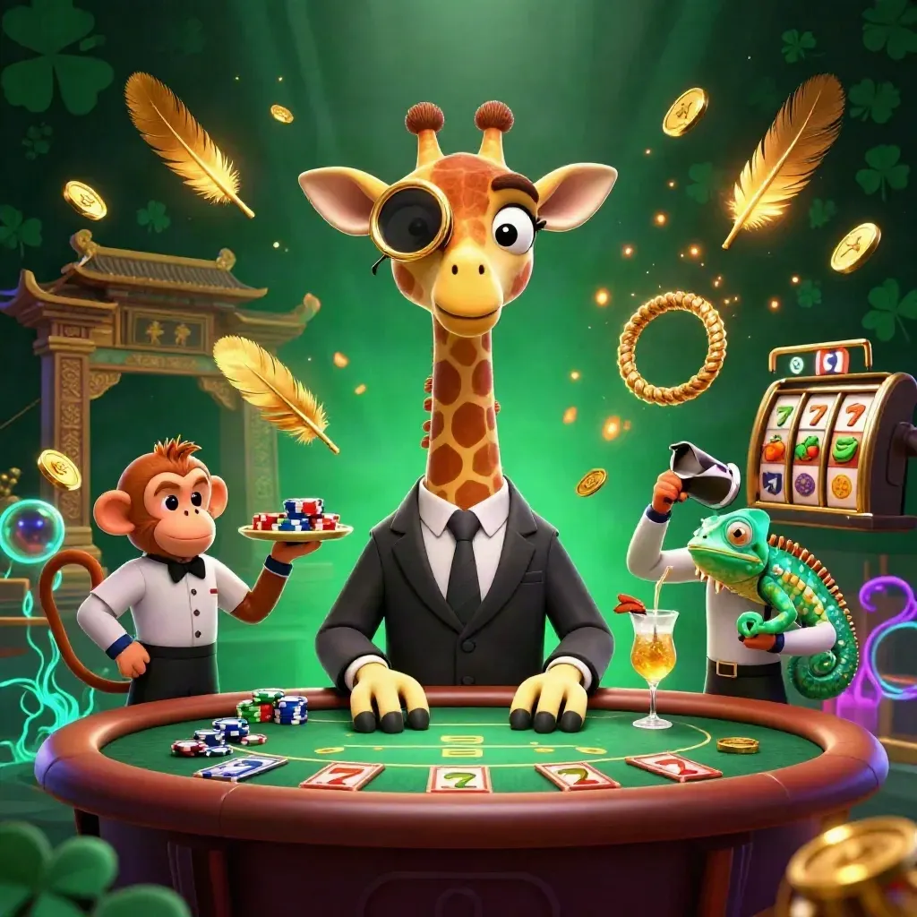 Giraffe high roller, monkey valet, and chameleon bartender amid casino gold, reels, and glowing effects.