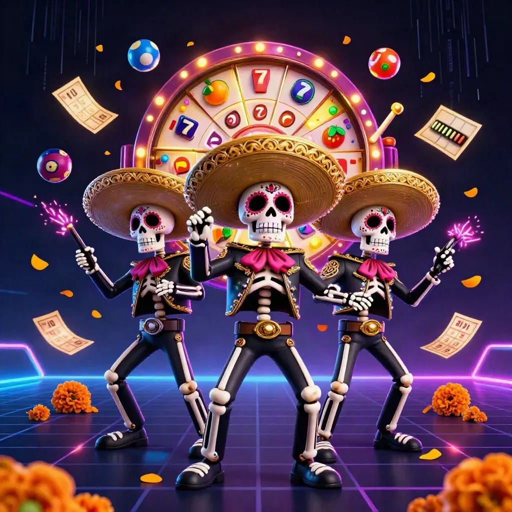 3D skeleton mariachi trio amid glowing casino reels, lottery balls, bingo and neon lime energy